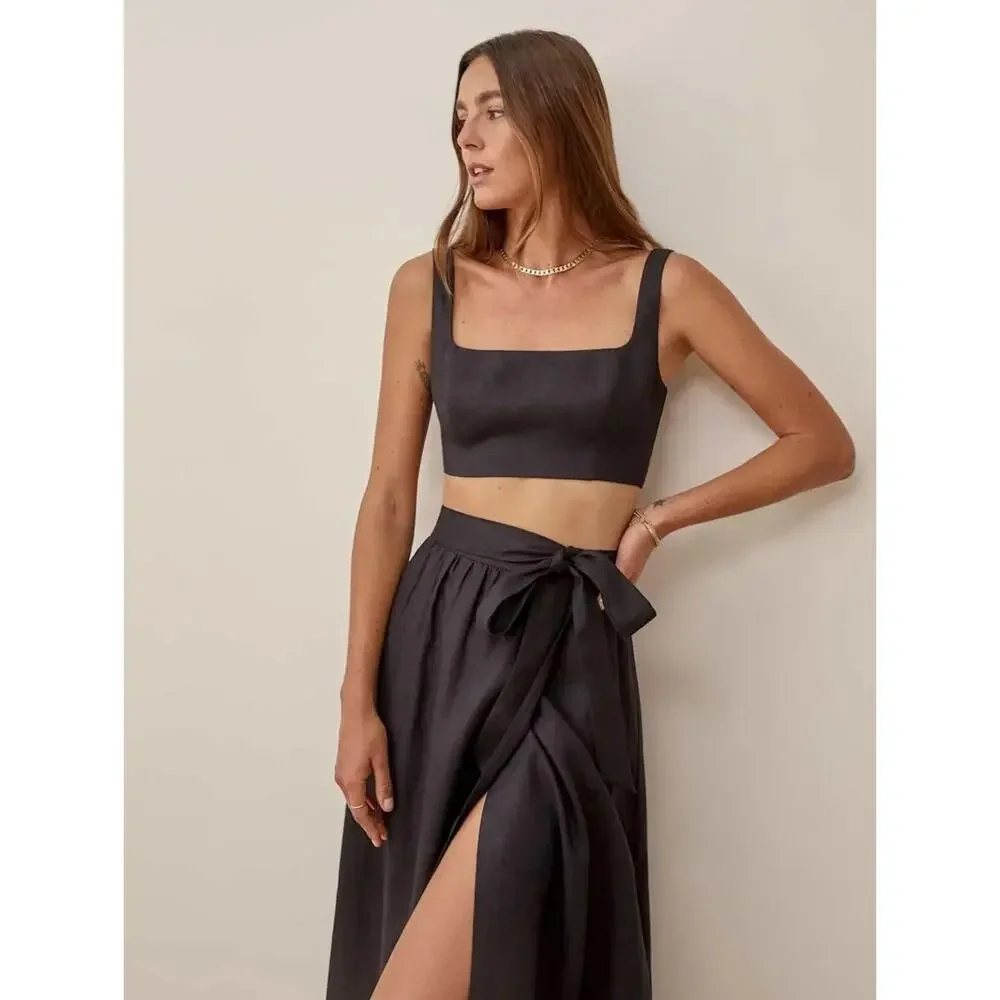 Reformation Linen Palm Set 4 Black Two Piece Set Crop Top Skirt Vacation Resort